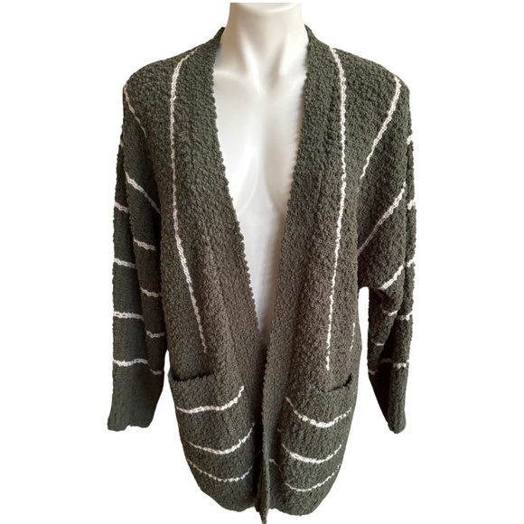 Bobeau army green stripe long chunky cardigan w/pockets - size Large - Picture 1 of 7